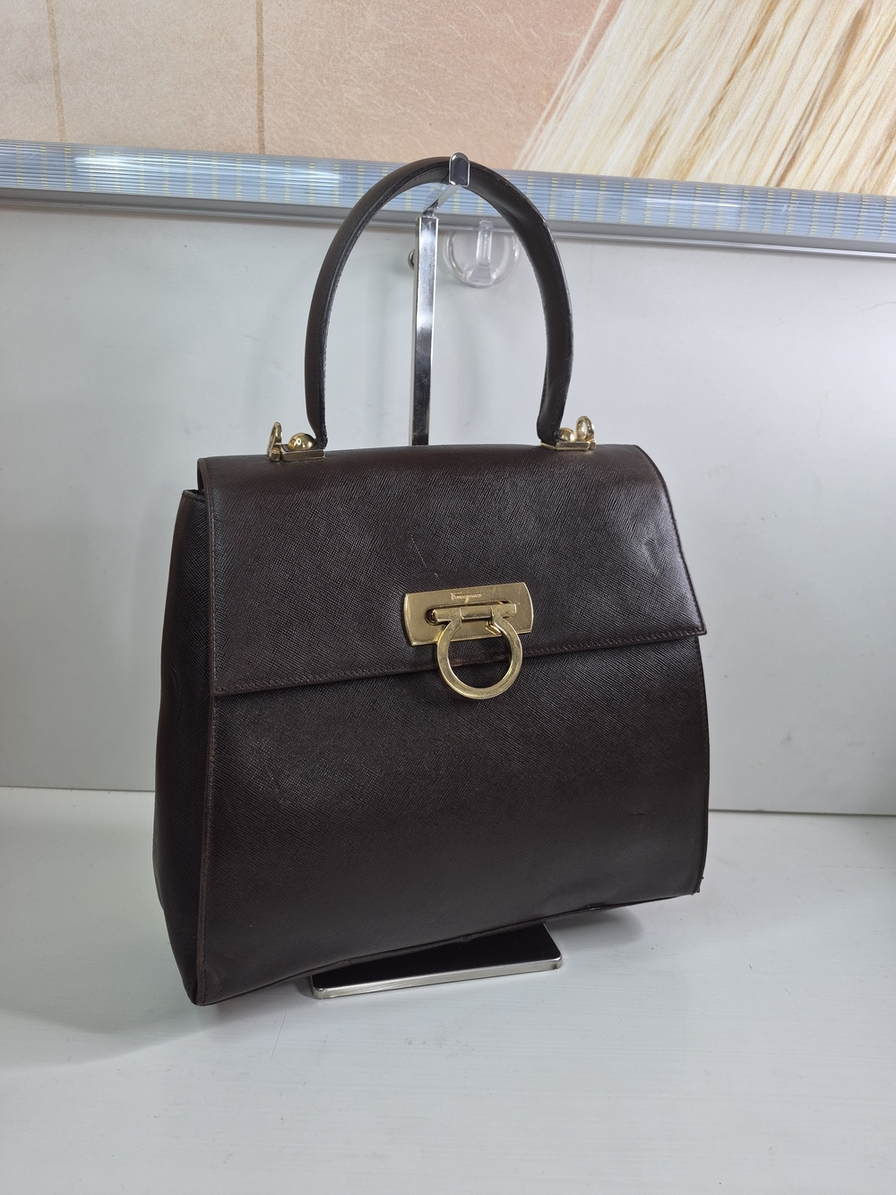 Salvatore Ferragamo Dark Brown Leather Top-Handle Satchel with Gold Hardware
